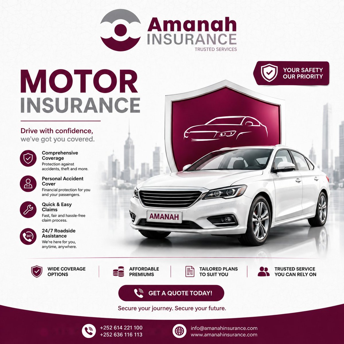 AmanahInsurance's tweet photo. Gaadhigaagu waa hanti qiimo leh, ilaalintiisuna waa mudnaanteenna.

Amanah Insurance waxay kuu haysaa caymis gaadiid oo lagu kalsoonaan karo, si aad ugu safarto kalsooni iyo xasillooni maskaxeed.

 Kalsoonidaada, Ilaalintaada.

#AmanahInsurance #CaymisGaadiid #MotorInsurance https://t.co/Gk3D3ENUoe