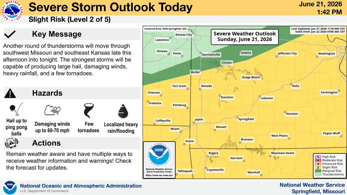 NWSSpringfield's tweet photo. Another round of thunderstorms will move through southwest Missouri and southeast Kansas late this afternoon into tonight. The strongest storms will be capable of producing large hail, damaging winds, heavy rainfall, and a few tornadoes. #mowx #kswx https://t.co/FBcLcD75N6