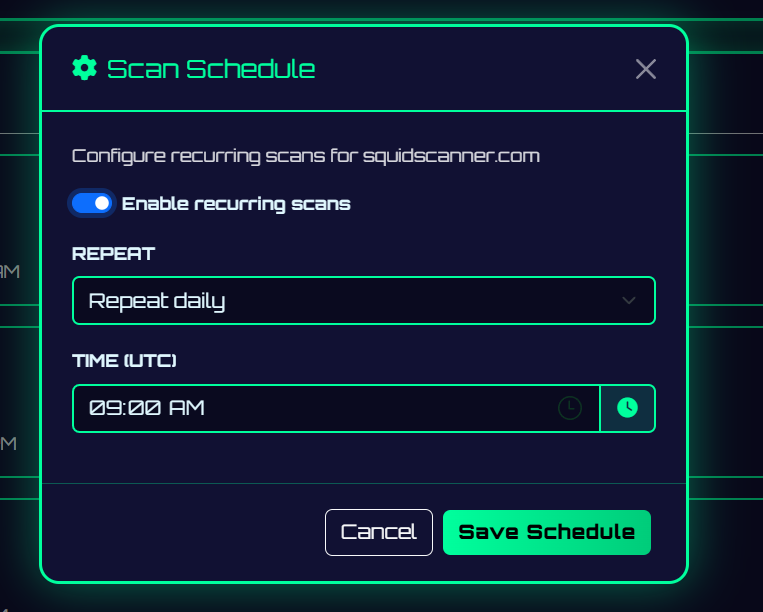 DotNetRussell's tweet photo. Squid Scan now supports scheduling scans!

You can now schedule scans to repeat,
- Once 
- Daily
- Weekly
- Monthly https://t.co/itbyQyT5zx