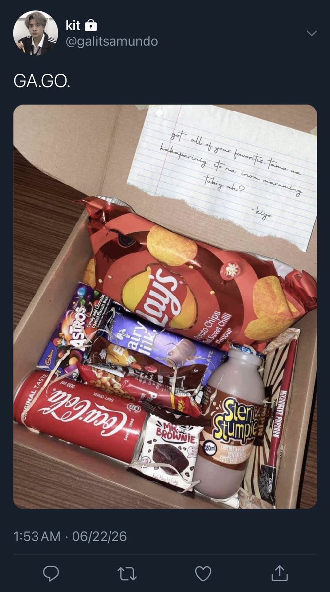 unyearningly's tweet photo. care package,
— #heejake few twts filo au

kung saan dahil nainggit si kit ( sjy ) sa bagong pauso na foods with notes sa tiktok, sinubukan niya iyon.

at hindi naman niya inaasahang ang tropa niyang si kiyo ( lhs ) ang magpapadala sa kaniya. https://t.co/fgd7qlkw6F