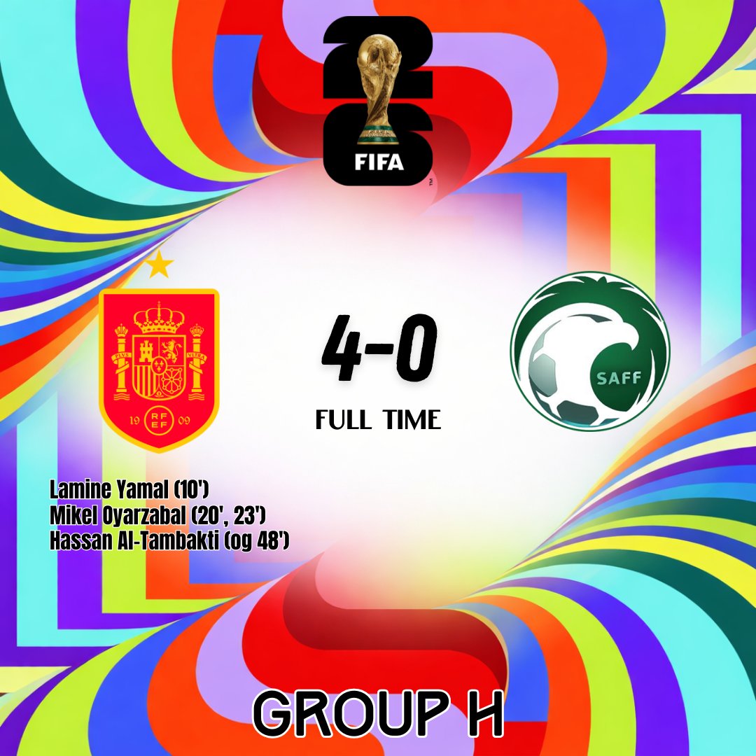 Lengas32's tweet photo. 2026 FIFA World Cup
Group H (Match 2)

FULL TIME

Spain🇪🇦 4-0 🇸🇦Saudi Arabia https://t.co/yJ8d95WUOL