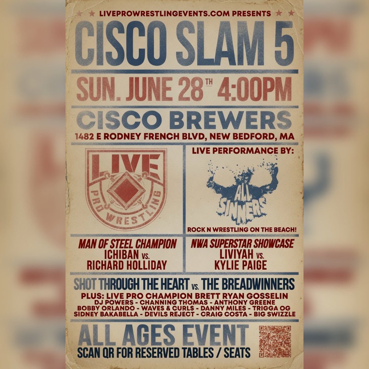 AllSinnersBand's tweet photo. We're officially 1 week away from the biggest party of the summer! General admission is FREE! Come enjoy some rock and roll &amp; wrestling on the beach! https://t.co/vO5SbYM4Xt