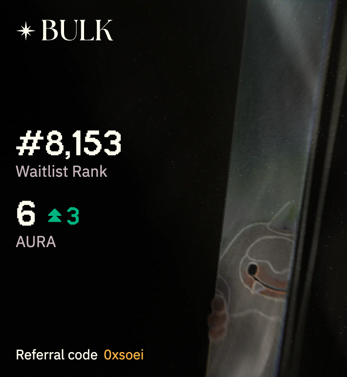0xsoei's tweet photo. No aura?

Use code '0xsoei' to start auramaxxing and move up the @bulktrade mainnet waitlist https://t.co/9FrF00YBlq https://t.co/xCEsvYUbYc