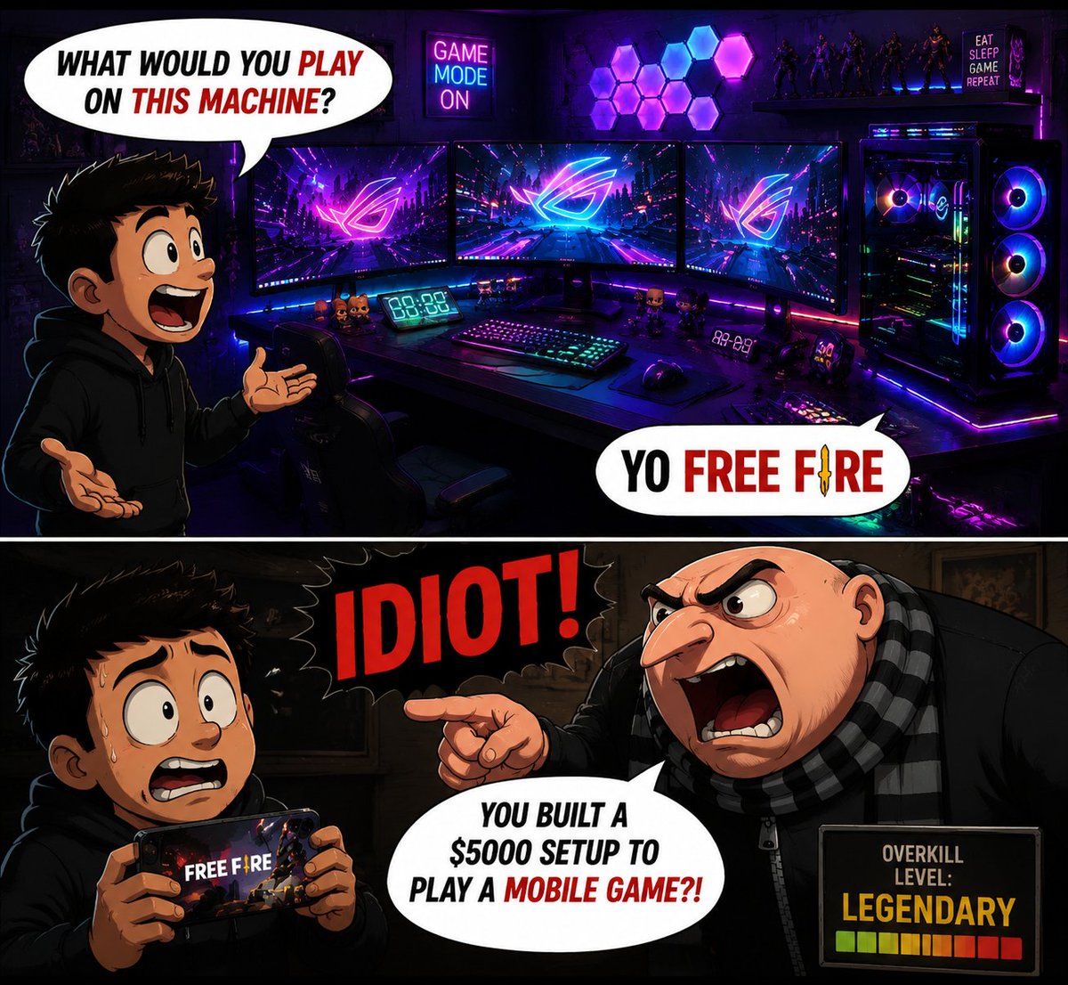 AnointKell's tweet photo. #FreeFire #FreeFireMemes #FreeFireMeme #GarenaFreeFire #GamingMeme #PCGaming #BeastPC #Overkill #GamerHumor #RGBSetup #DespicableMe #Gru #MobileGaming #Booyah  A beast gaming setup with triple monitors and RGB everywhere. Someone asks “What would you play on this machine?” https://t.co/xmQ2j4PHNw