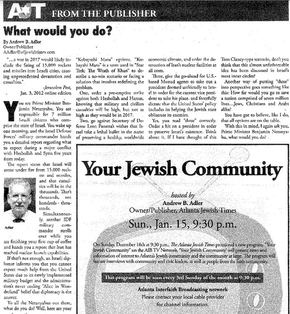 HistoryinReview's tweet photo. In 2012, the owner and publisher of a major Jewish community newspaper wrote that Israel’s leaders should order the assassination of a U.S. President if he was deemed “unfriendly” to Israel.
The column appeared in the Atlanta Jewish Times. https://t.co/na7vXpCGZG