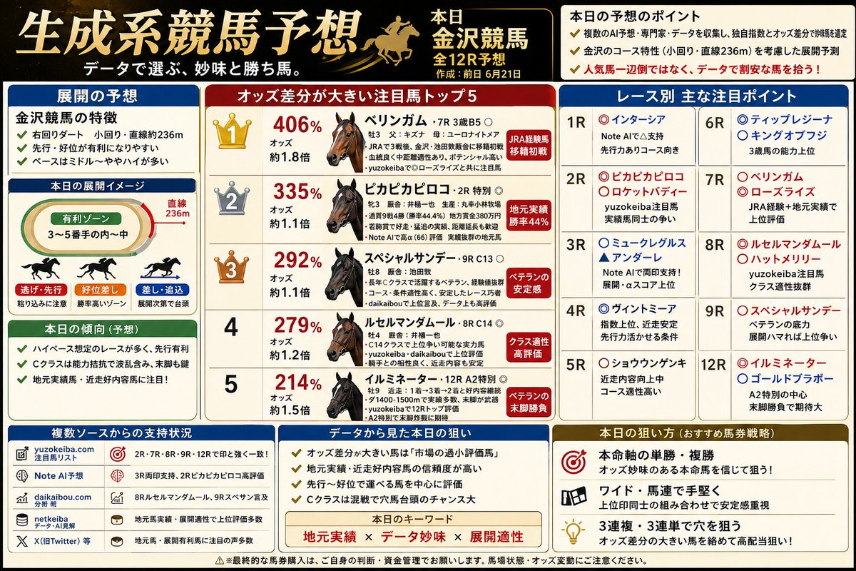KeibaStat's tweet photo. 【6/22 金沢競馬 予想支持まとめ】🏇
6/21作成の私の金沢全レース予想について、世間の予想・AI・データから支持を集めました！
特にオッズ差分が大きい価値馬トップ5が複数のソースで高評価されています。
・ベリンガム（7R）406%
・ピカピカピロコ（2R）335%
・スペシャルサンデー（9R）292%
・ルセルマンダムール（8R）279%
・イルミネーター（12R）214%
今日もデータで裏付けのある馬を中心に攻めます！
皆さんの予想も教えてください🐎
#金沢競馬 #地方競馬予想