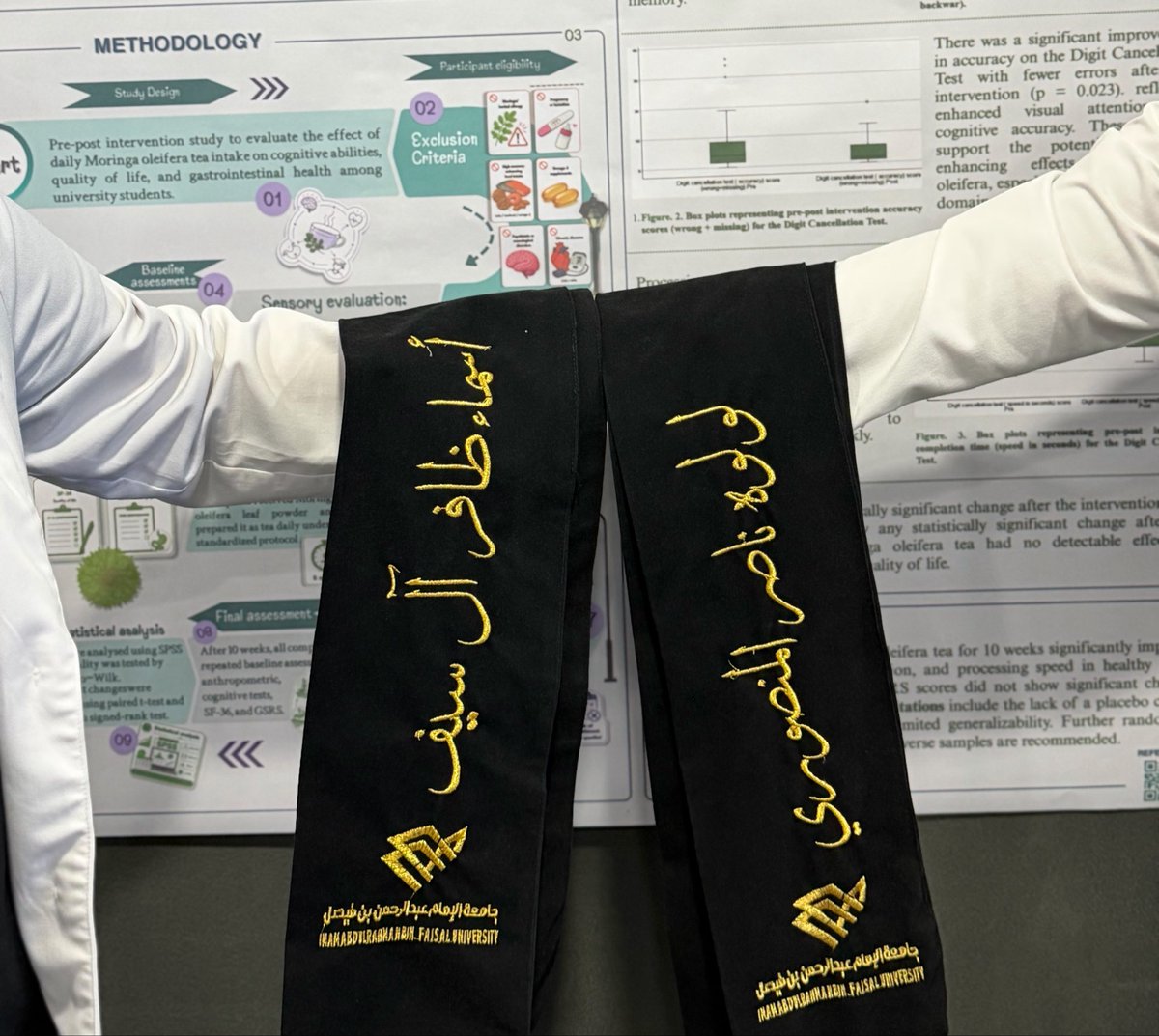 LulwaMansoori's tweet photo. Proudest moment of my senior year: 
first-ever human intervention study on Moringa oleifera tea across three domains—built with intention, purpose, and an amazing team. 🍀🎓🤍 
الحمدلله https://t.co/VzYme5bnYC