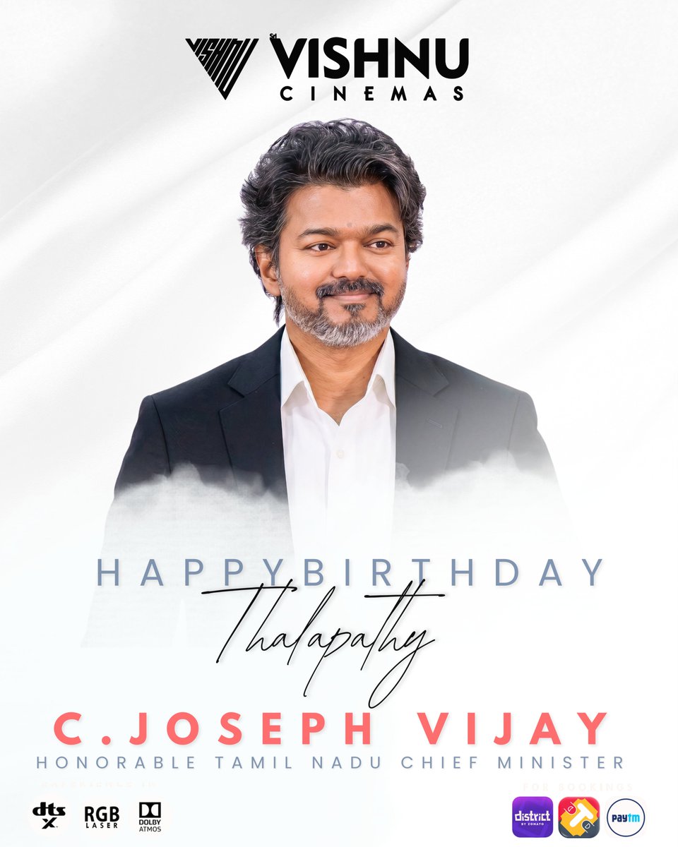 VishnuCinemas's tweet photo. Wishing a very happy birthday to Honorable Chief minister of Tamil Nadu #TNCM ✨ &amp; Our beloved #Thalapathy❤️  C.Joseph Vijay @actorvijay @CMOTamilnadu  Thanks for everything na ! 

#HappyBirthdayCMVijay #ThalapathyVijay #HBDCMJosephVijay #ThalapathyVijay https://t.co/nQA3WB2Lb5