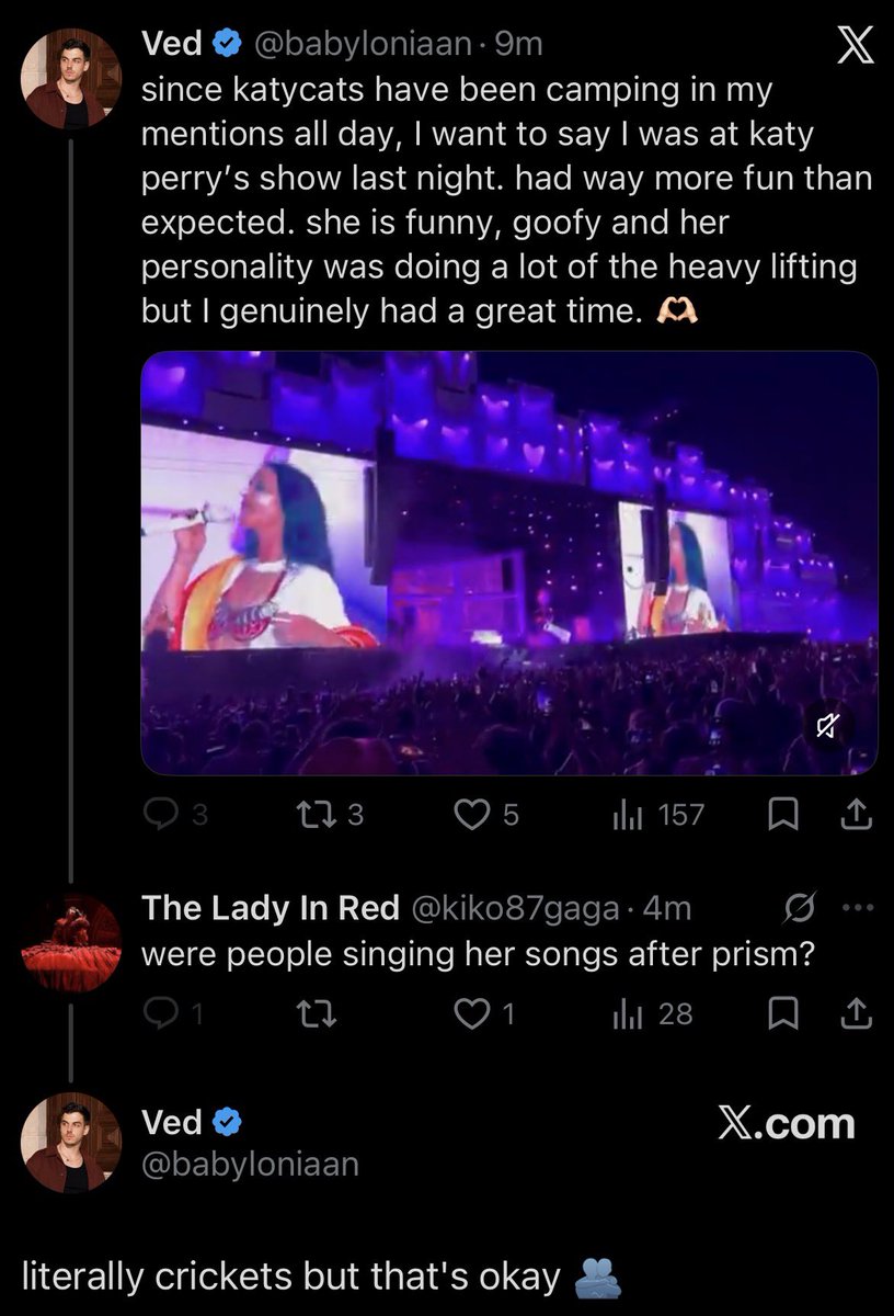 QOCPERRY's tweet photo. ok this is nice but I don’t believe for one bit that some of the public wasn’t singing Bon Appetit, Chained To The Rhythm, Harleys In Hawaii and Never Really Over, it’s 2026 why are we still pretending that Witness and Smile don’t have recognisable songs plss😭 https://t.co/enZ1BcotvV