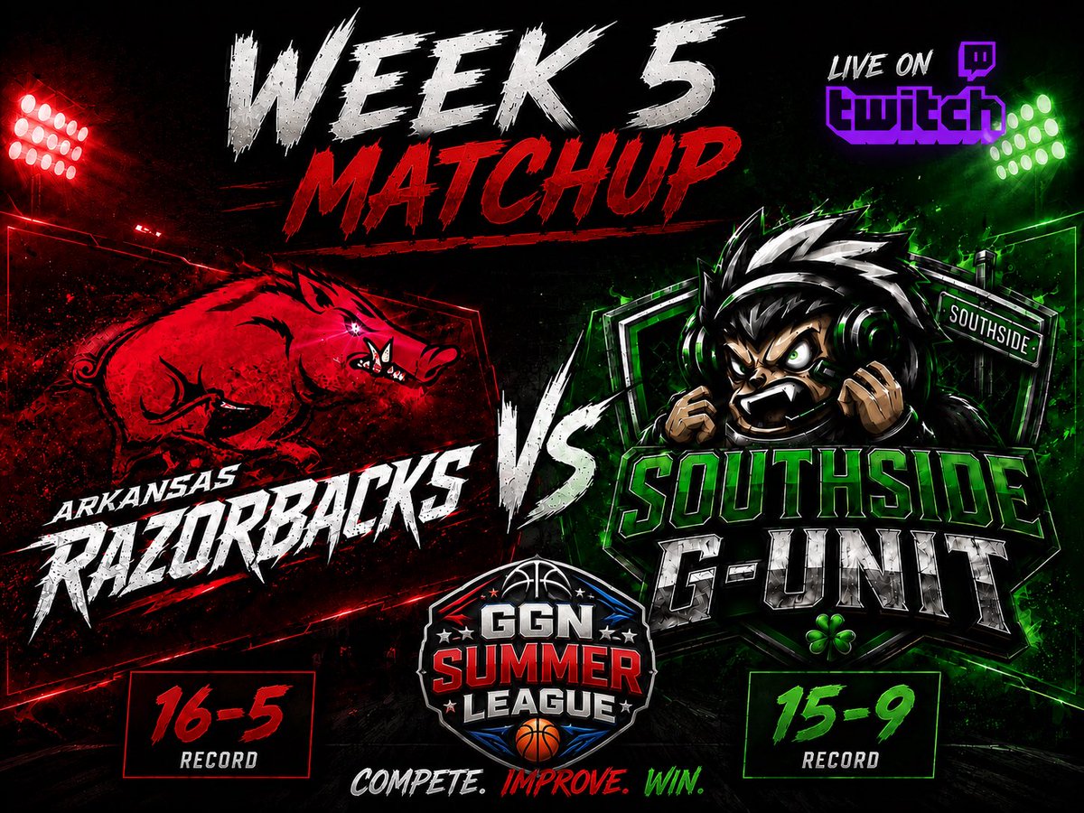 GGNSummerLeague's tweet photo. 🐗 WEEK 5 MAIN EVENT ☘️

Rara &amp; Greedy have powered Arkansas (16-5) to one of the best records in the GGN Summer League.

TyHe &amp; Greenbay lead Southside (15-9) into a crucial Week 5 battle as they look to knock off a title contender.

#GGNSummerLeague #GGN2K https://t.co/0XyC8k22PC