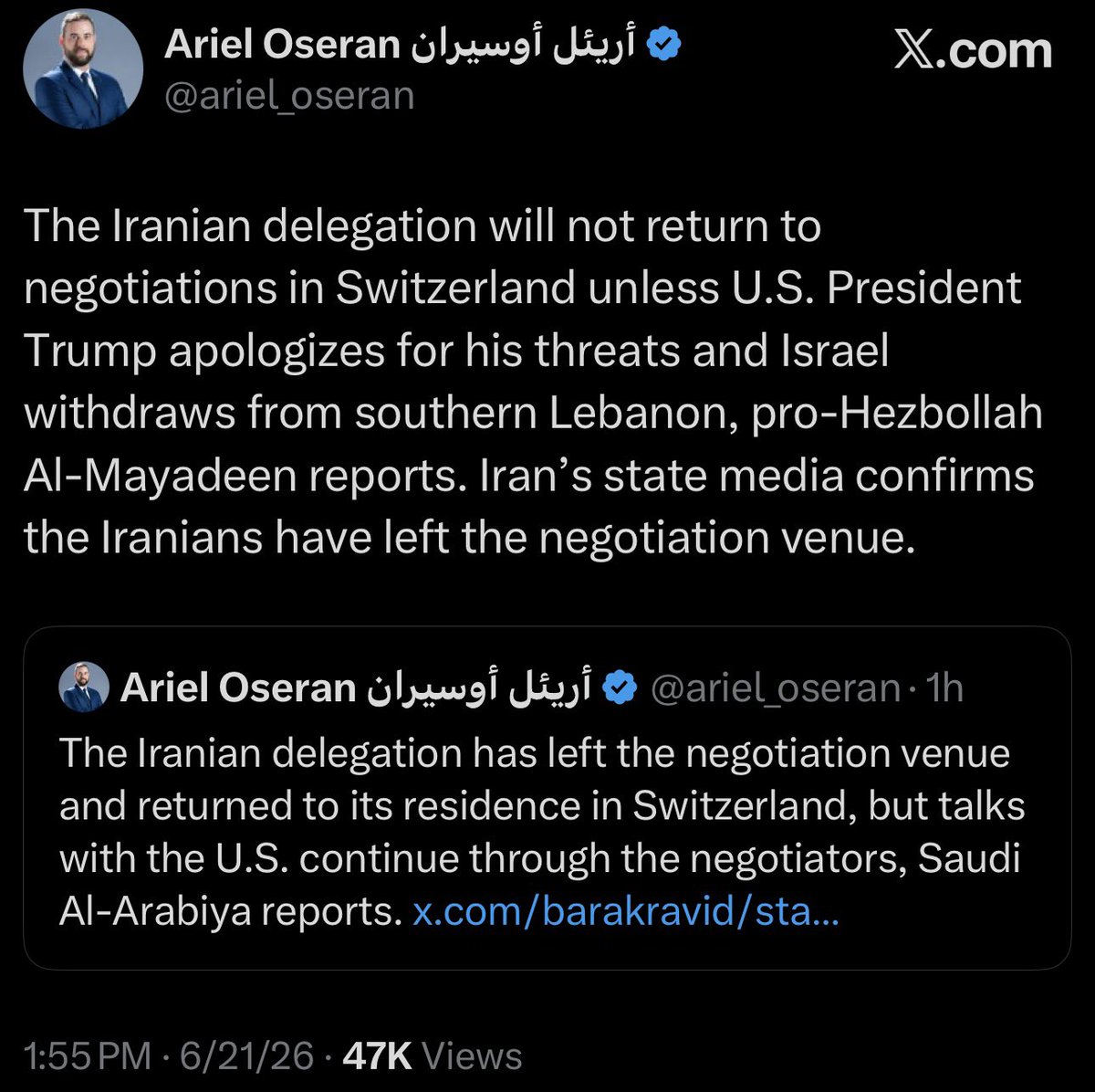 RonFilipkowski's tweet photo. It looks like Trump threatening to invade Iran, seize the strait and steal their oil hours before negotiations began failed to produce the desired result. https://t.co/WqjoedqB6U