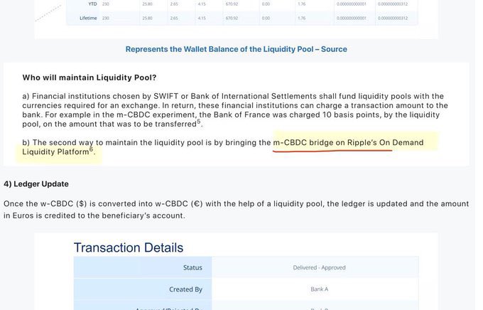SMQKEDQG's tweet photo. XRP is positioned to power liquidity on mBridge.🌐

As you can see in the official demo video for Project mBridge, central bank participants maintain an “mCBDC wallet.”😶‍🌫️

mCBDC = multi-CBDC 🔑

This mCBDC wallet represents wholesale CBDCs that are transferred between central banks. 🏦

A few examples of wholesale CBDCs used within mBridge are even revealed in the video: e-CNY (China), e-HKD (Hong Kong), e-THB (Thailand), e-AED (UAE).

Project mBridge needs liquidity pools to convert one country’s digital currency into another.☝️

Someone has to fund those pools and maintain them. 🙇‍♂️

Every new digital currency pair is a new corridor that needs funding. 💯

Ripple’s On-Demand Liquidity (XRP) is positioned as one the best platforms for that liquidity layer. 🎯

The documents below show exactly how Ripple can facilitate mCBDC transactions for Project mBridge:

“The second way to maintain the liquidity pool is by bringing the m-CBDC bridge on Ripple’s On Demand Liquidity Platform.”✅

This places XRP directly within the CBDC framework used by BRICS nations.🔒

Documented below.📝👇