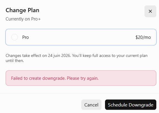 MarieFaubert's tweet photo. @cursor_ai  could you explain why it is impossible for me to downgrade from Pro+ to Pro Cursor plan? I have been trying again and again for the past 7 days without success. https://t.co/hIk0wY44PW