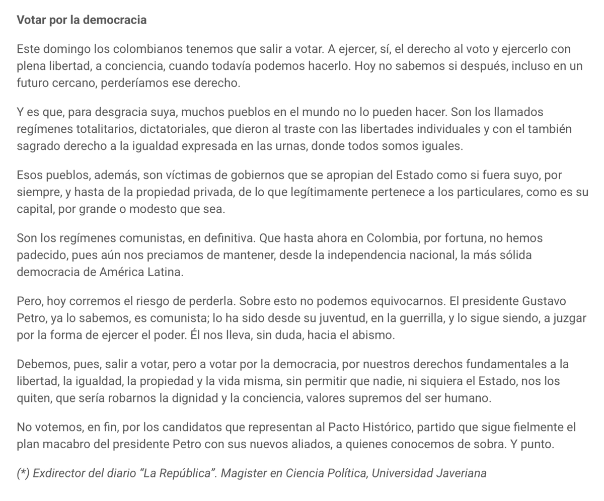 rseconsultoria's tweet photo. Último llamado para salvar la #democracia en #Colombia y evitar así caer en el #comunismo. Ver texto... #Cepeda #Petro @ABDELAESPRIELLA @jrestrp #voto #elecciones #libertad #propiedad #paz #ética #estatismo #guerrilla #narcotráfico #violencia #gobierno #vida https://t.co/7kxFXOlzMv
