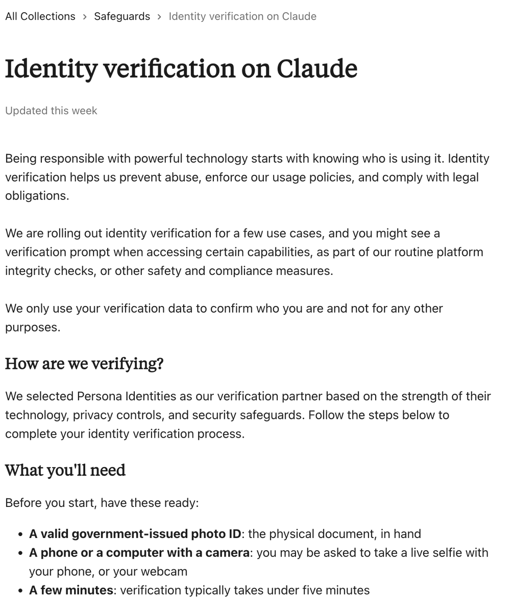 IntuitMachine's tweet photo. KYC to access Claude?  https:// support .claude .com/en/articles/14328960-identity-verification-on-claude https://t.co/hVECQQnGM5