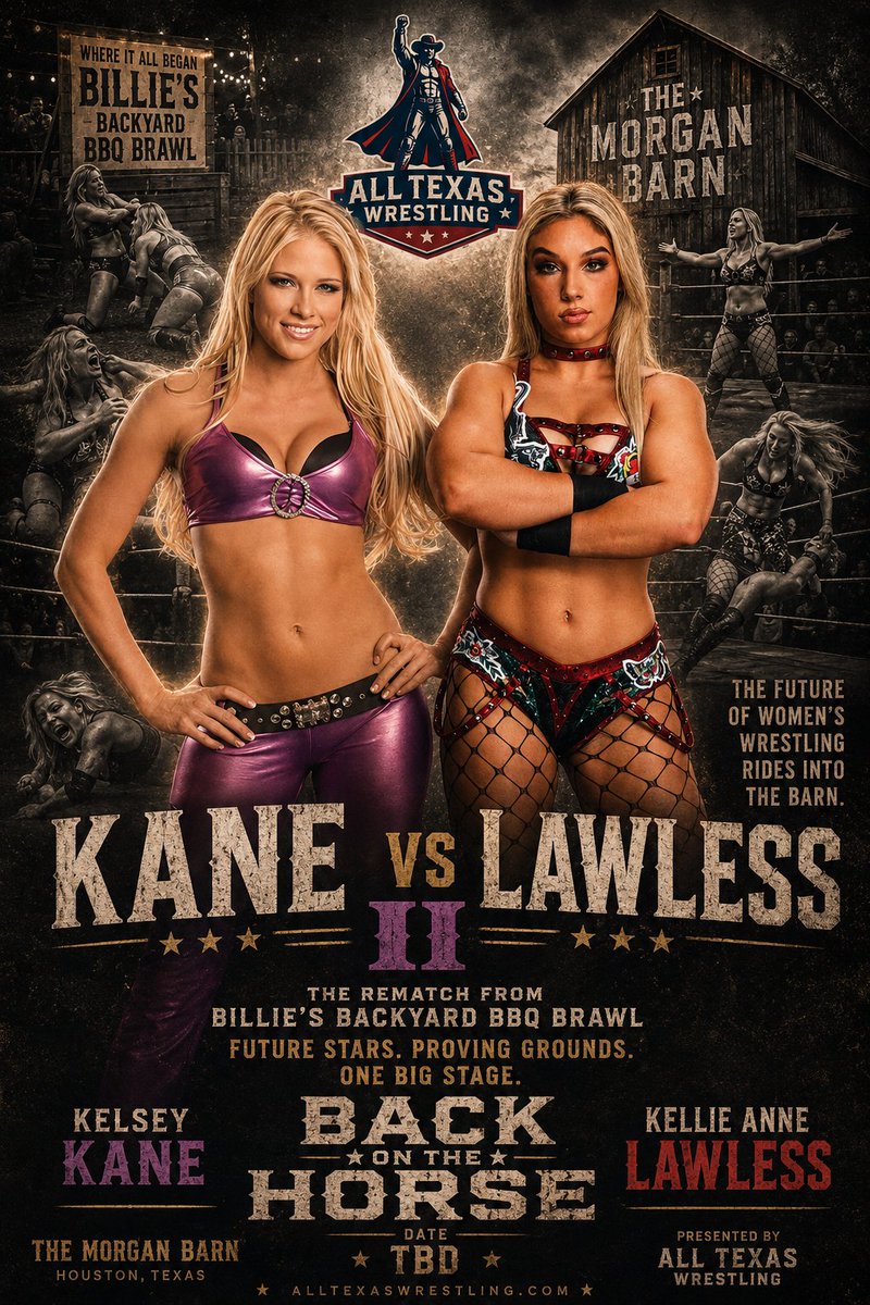 AllTXWrestling's tweet photo. A REMATCH from Billie's Backyard BBQ Brawl, Kelsey Kane vs Kellie Anne Lawless 2! All this and more as two of the brightest women's stars today battle at "Back on The Horse!" https://t.co/WwRylo2FQl