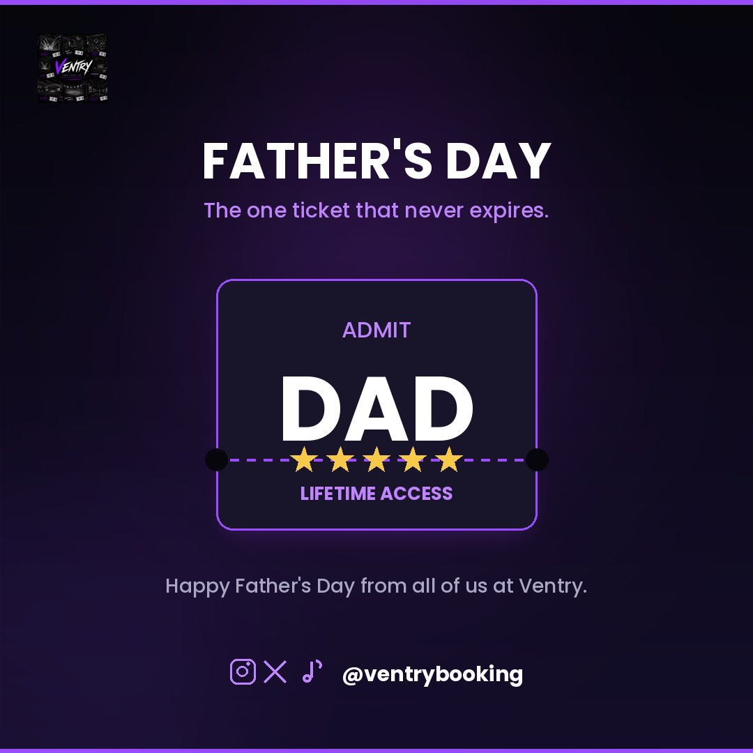 ventrybooking's tweet photo. To every dad who shows up. 🎟️
For the memories, the music, and every moment worth celebrating — thank you. Happy Father’s Day from all of us at Ventry. ❤️
#HappyFathersDay #FathersDay #Ventry #EventTicketing #OnlineTicketing https://t.co/nAErJGhvG7