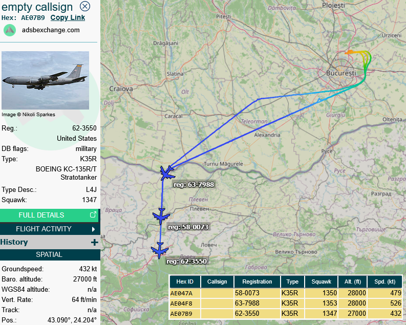 SirListenalot's tweet photo. 1015z #KC135's #BLUE11-13 on a round trip out of Bucharest. Likely bomber support. 1320z #BLUE12-13 rtb https://t.co/9rpe4QIEoN
