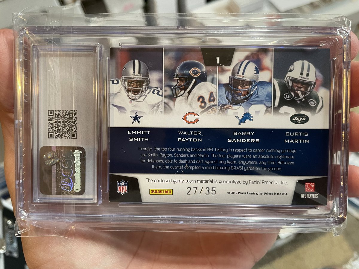 clrshonuff's tweet photo. June is my birthday month, so I'm going to post a card a day of some of my favorites in my collection.
Here is the card for June 21st, 2026. #ShonuffCards
2011 Totally Certified Stitches in Time Smith/Payton/Sanders/Martin quad game worn jersey card /35 graded CGC 8.5 https://t.co/DsbWDCYc1Y