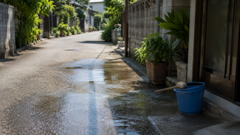 kunoichi_jp_'s tweet photo. In Japan,
some people water the street
as if the road itself is tired.

Real Daily Life in Japan #33

Uchimizu in Japan.

A small bucket.
Water on the ground.
Dark wet patches on hot pavement.
Evening light.
A quiet street after a long summer day.

It does not defeat the heat.

It never could.

But for a moment,
the air feels different.

Before machines cooled every room,
people found small ways
to live with summer.

A wind chime by the window.
A bamboo shade over the light.
Water sprinkled on the ground.

Not to conquer nature.

But to ask it, gently,
to become a little softer.

For many Japanese people,
uchimizu is not just water on pavement.

It is an old summer habit
that says something very Japanese.

We do not always try to win against the season.

Sometimes,
we simply make room
to live with it.

Uchimizu（打ち水） = sprinkling water to cool the ground 🌸