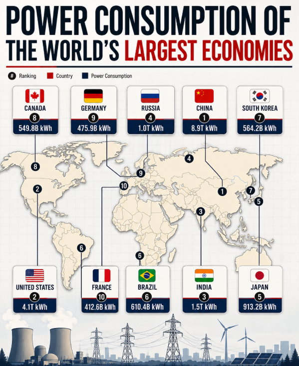 jackprandelli's tweet photo. 🇨🇳China burns more electricity than the next 2 economies combined.

China consumes 8.9 trillion kWh a year, 2.2x 🇺🇸 the US at 4.1T  

🇮🇳India is a distant 3rd at 1.5T, then 🇷🇺Russia at 1.0T. 

Add up the US, India and Russia and you still trail China.

Electricity is the new hard ceiling on AI and industrial scale. 

Compute, EVs, and data centers all cash out as kilowatt-hours, and China already has the biggest grid feeding them.

The AI race and the energy race are the same race. 

Whoever can add terawatt-hours fastest sets the pace, and right now that's not the US.

France at 412.6B kWh, the most nuclear-heavy grid on the board. 

Who closes the gap with China first, and on what fuel? 

(subscribe to my newsletter link in my bio)