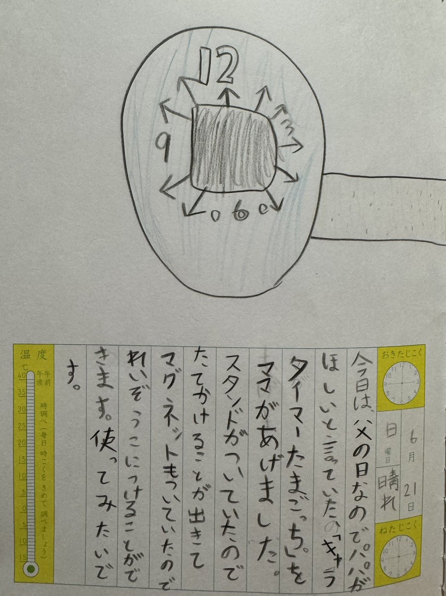 anyaka___'s tweet photo. げーしげしげし！
今日「ずっと欲しがってたのだよ🎁」と自分が欲しかったものを父の日にかこつけて旦那にあげたら、子どもに意外とバレなくて、たまごっちのタイマーを欲しがるおじさんにしてしまった。タイマーのうしろに生えてる山芋みたいなのはパパのうでかなぁ https://t.co/DYioQxvEXK