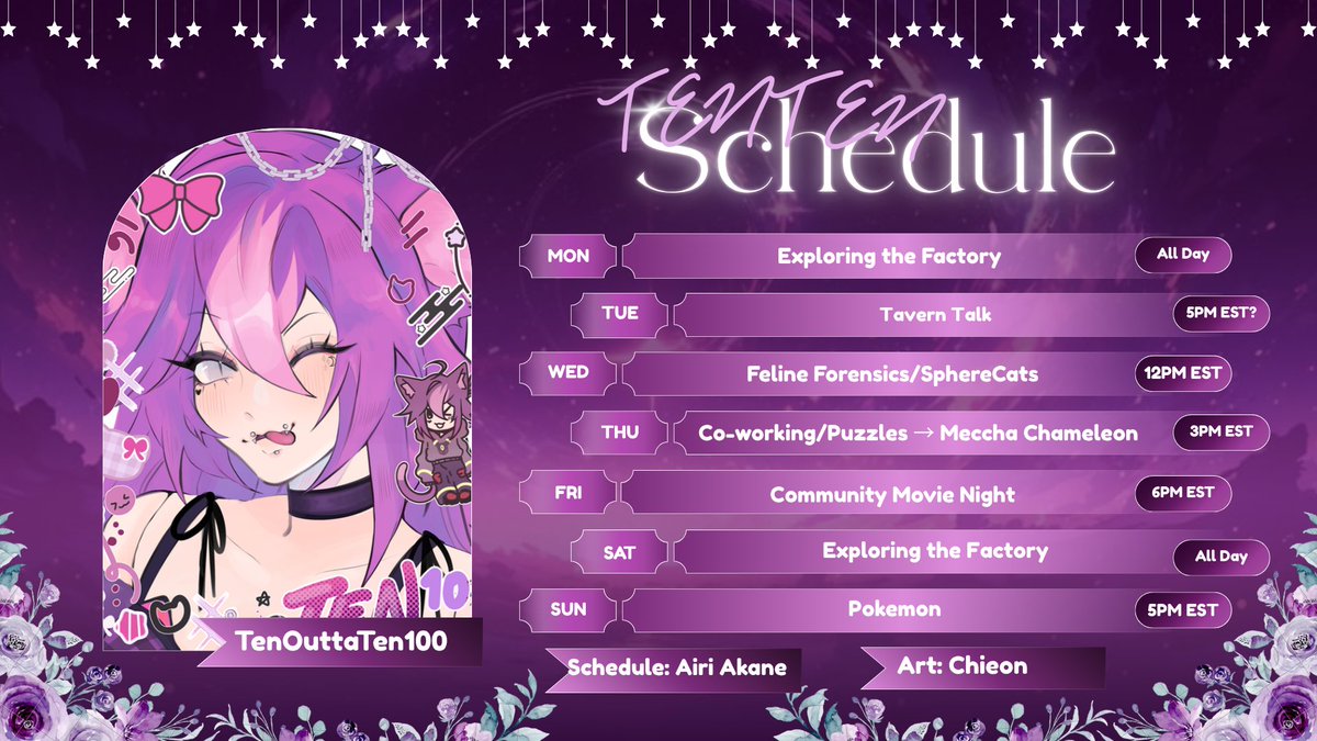 TenOuttaTen100's tweet photo. A wild schedule has appeared~!  
Tuesday - Tavern Talk 
Wednesday - A two-fer of Feline Forensics/SphereCat
Thursday - Puzzles followed by a collab of Meccha Chameleon over on Kurayami_RinVT's channel
Friday - Discord Movie Night 
Sunday - Pokemon https://t.co/fHqqe4n2Yc