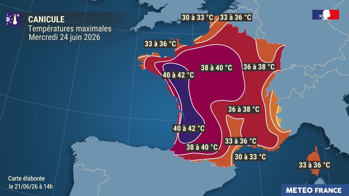 meteofrance's tweet photo. 🔴🟠Les températures montent encore d’un cran à partir d’aujourd’hui pour atteindre un “plateau” très élevé au moins jusqu’à jeudi. De nombreux départements sont en Vigilance canicule rouge ou orange.

Le point complet 👉 https://t.co/tmD15ys43p https://t.co/uyoTVZ5Fsk