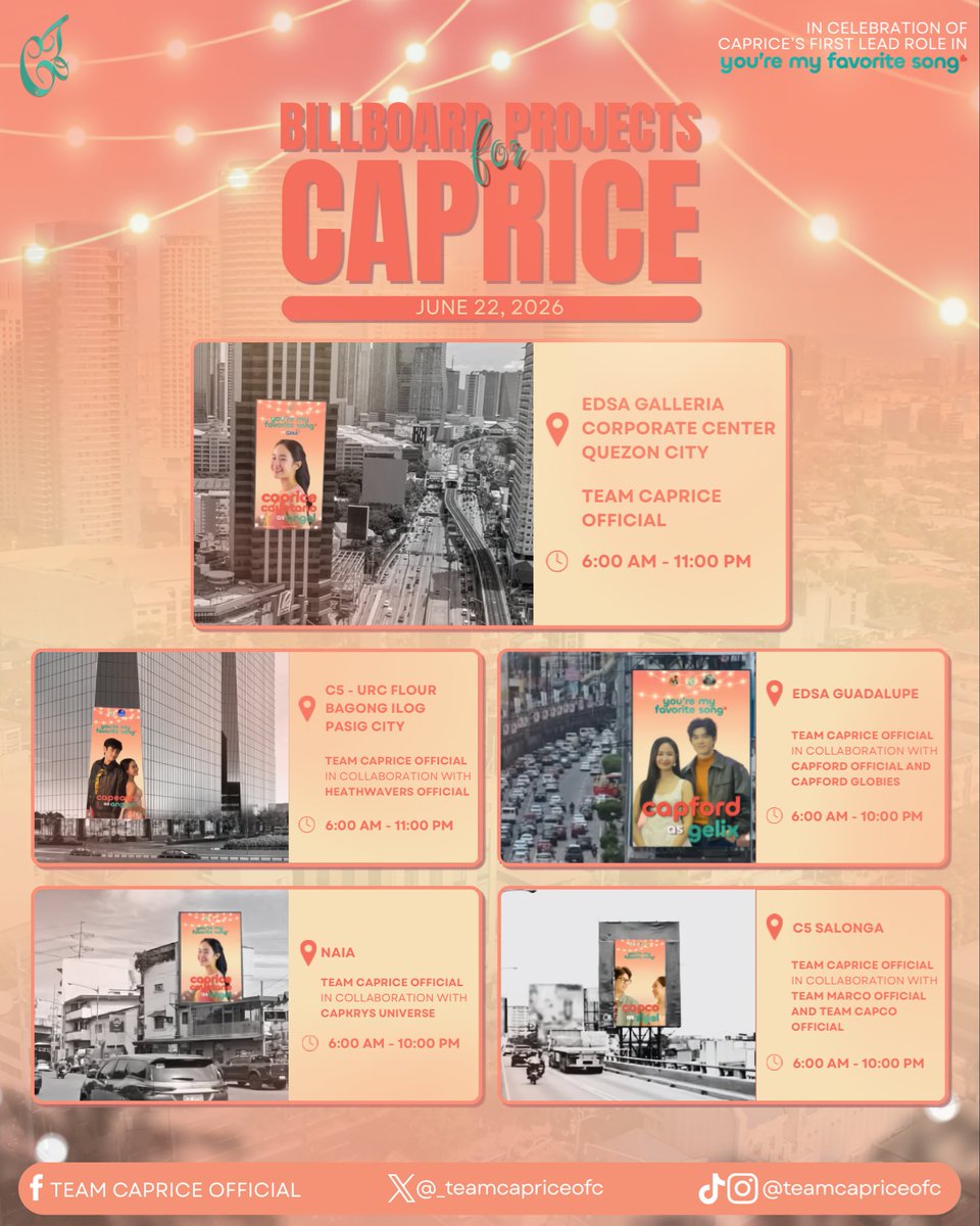 _teamcapriceofc's tweet photo. 𝐃𝐀𝐘 𝟏: 𝐅𝐈𝐕𝐄 𝐁𝐈𝐋𝐋𝐁𝐎𝐀𝐑𝐃𝐒 ✨

Tomorrow marks the beginning of our billboard project in celebration of 𝐂𝐚𝐩𝐫𝐢𝐜𝐞’𝐬 𝐟𝐢𝐫𝐬𝐭 𝐥𝐞𝐚𝐝 𝐫𝐨𝐥𝐞 in 𝐘𝐨𝐮’𝐫𝐞 𝐌𝐲 𝐅𝐚𝐯𝐨𝐫𝐢𝐭𝐞 𝐒𝐨𝐧𝐠. 

Together with our 𝐜𝐨𝐥𝐥𝐚𝐛𝐨𝐫𝐚𝐭𝐢𝐧𝐠 𝐟𝐚𝐧𝐝𝐨𝐦𝐬, we are proud to share these 𝐟𝐢𝐯𝐞 𝐛𝐢𝐥𝐥𝐛𝐨𝐚𝐫𝐝𝐬 across different locations as our way of showing love and support for 𝐂𝐚𝐩𝐫𝐢𝐜𝐞 and the stories she continues to bring to life.

Check the details below for the 𝐥𝐨𝐜𝐚𝐭𝐢𝐨𝐧𝐬 and 𝐬𝐜𝐡𝐞𝐝𝐮𝐥𝐞𝐬 of each billboard. We hope everyone gets the chance to visit, take photos, and celebrate this special milestone with us. 

Thank you to everyone who made this project possible. Here’s to more memories, milestones, and moments for our leading lady.

𝐓𝐡𝐢𝐬 𝐢𝐬 𝐨𝐧𝐥𝐲 𝐭𝐡𝐞 𝐛𝐞𝐠𝐢𝐧𝐧𝐢𝐧𝐠. 𝐒𝐞𝐞 𝐲𝐨𝐮 𝐨𝐧 𝐃𝐚𝐲 𝟐.