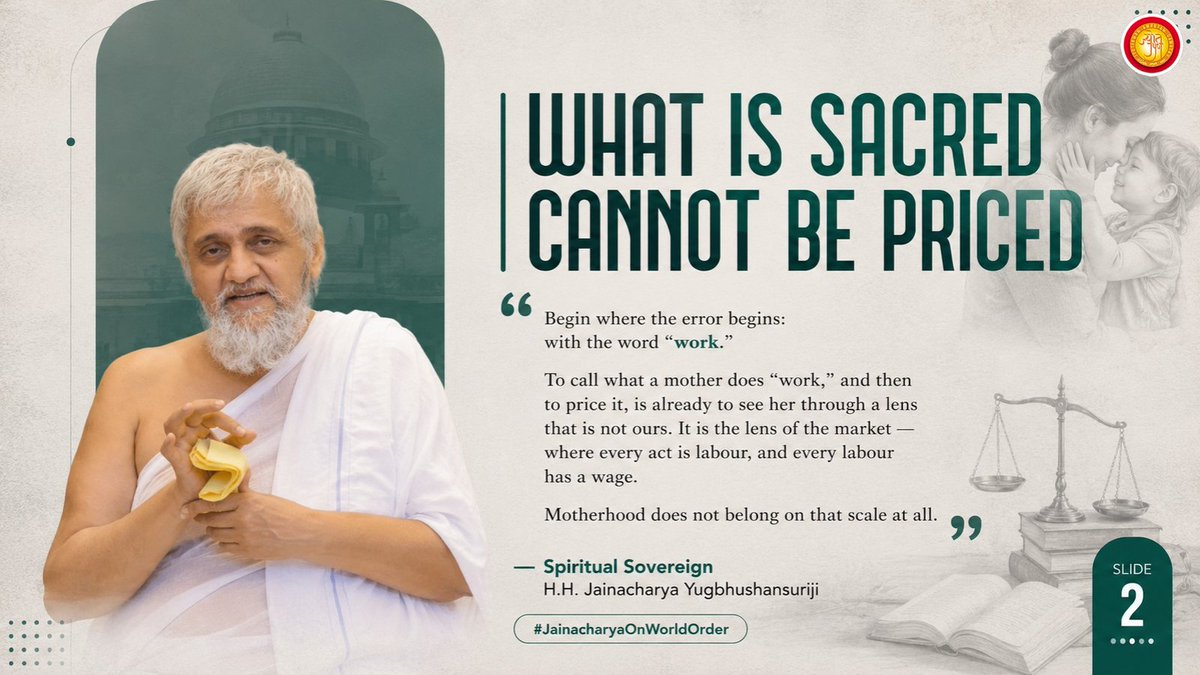 IndiaJyot's tweet photo. 2/10. Lets begin where the error begins: with the word "𝘄𝗼𝗿𝗸."

To call what a #mother does "work" and then to price it, is already to see her through a lens that is not ours. It is the lens of the market, where every act is labour and every labour has a wage.

Motherhood does not belong on that scale at all.

#Homemaker #IndianCivilisation #BharatiyaParampara #Family