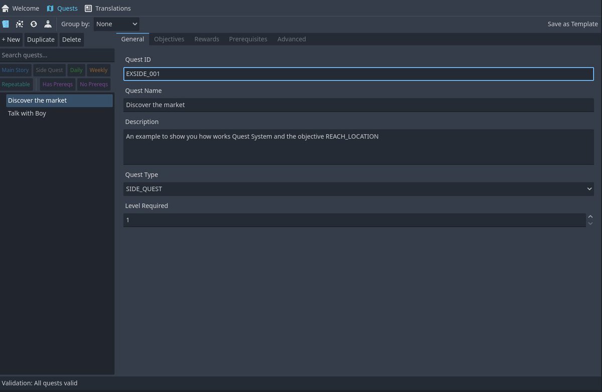 ArkaruhsTaleDev's tweet photo. The Visual Quest Editor lets you design quests entirely inside the Godot editor.
- Searchable quest list with filters
- 5-tab form (objectives, rewards, prerequisites...)
- Graph view with prerequisite chain visualization
- Real-time validation
- Quest progression simulator https://t.co/apn9x6BimE