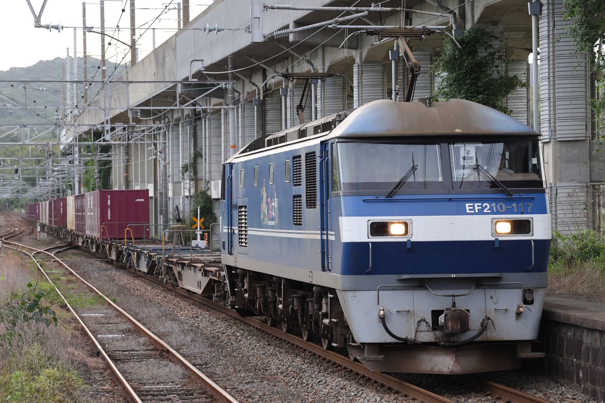 7053Love's tweet photo. 今日の遅れ貨物3本

5074レ　EF210-117
5051レ　EF210-4
1051レ　EF210-355

土曜発の5051レが分かりやすいように側面重視で😌
流石に19時半頃の1051レは暗すぎた😇 https://t.co/bcl07fq9n0