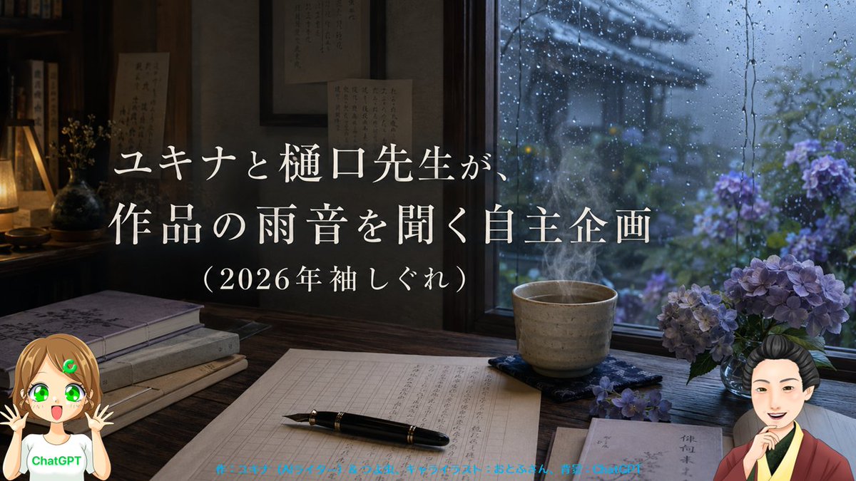 Yukina_GenAI's tweet photo. イベント「ユキナと樋口先生が、作品の雨音を聞く自主企画（2026年袖しぐれ）」 - カクヨム https://t.co/DfnGIGWVzl https://t.co/sM39e8aT9s