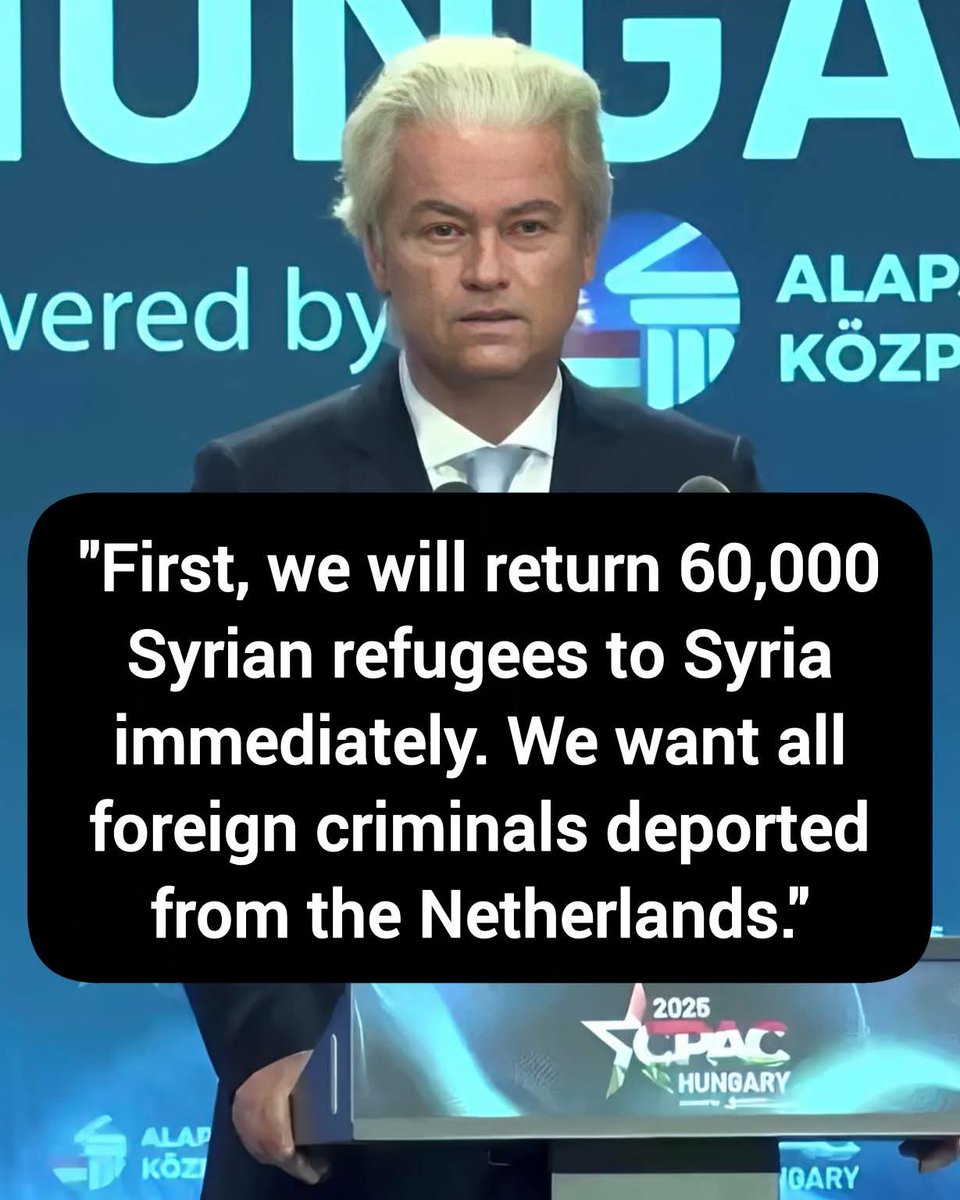 DavidJHarrisJr's tweet photo. 🚨Geert Wilders Reveals his Plan to Take Back The Netherlands in a Speech in Hungary: "First, we will return 60,000 Syrian refugees to Syria immediately. We want all foreign criminals deported from the Netherlands."

Thoughts? https://t.co/HVSwgYg1Nr