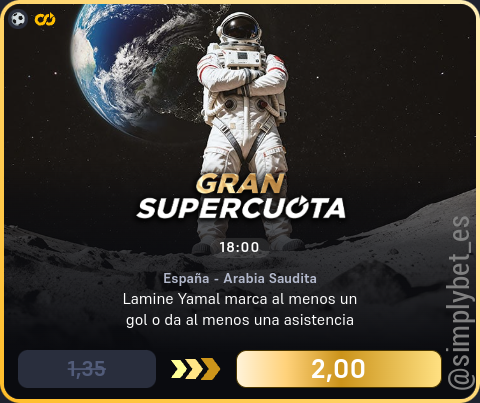 simplybet_es's tweet photo. 🔊🔊 Supercuota DORADA Winamax 🔊🔊

⚽️ España - Arabia Saudita (Hoy 18:00)
Lamine Yamal marca al menos un gol o da al menos una asistencia
1.35 ➡️ 2.00 (48.15%) [10€]

#winamax #supercuota #dorada https://t.co/JbsxEEaPFu