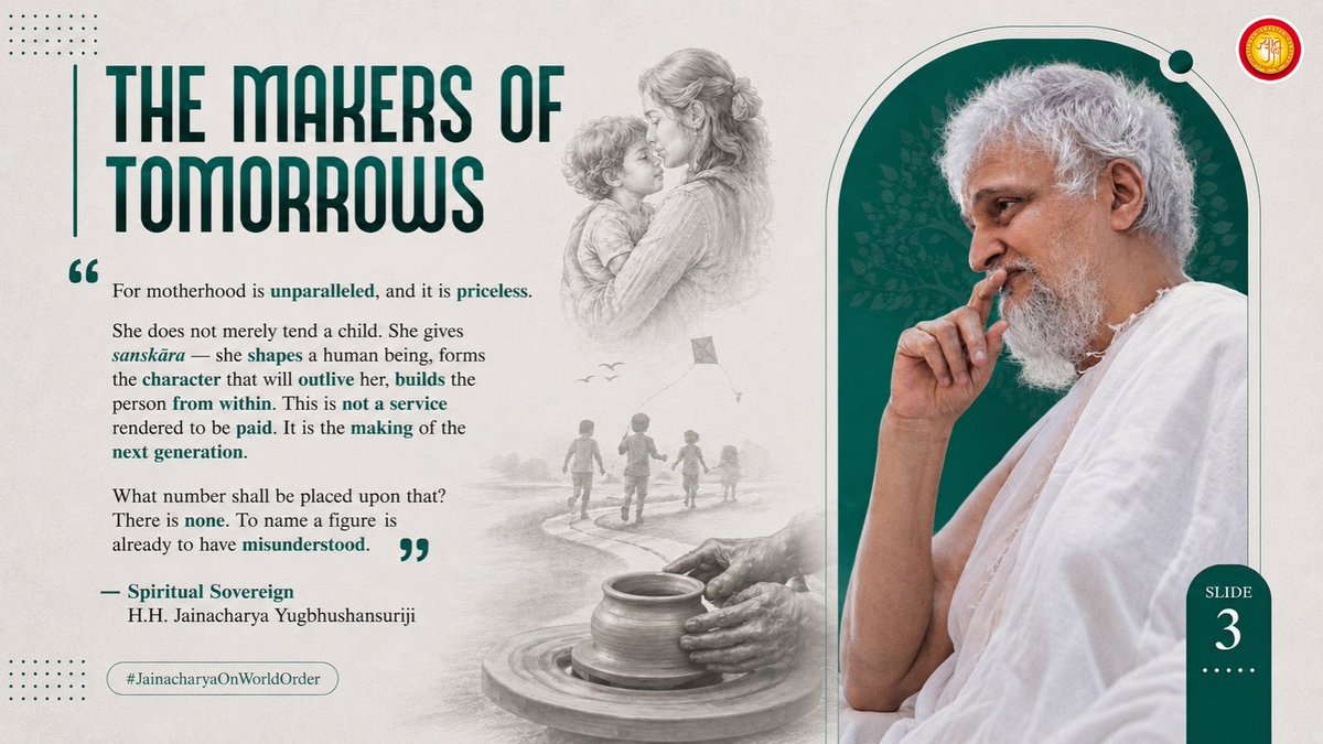IndiaJyot's tweet photo. 3/10. 𝗙𝗼𝗿 𝗺𝗼𝘁𝗵𝗲𝗿𝗵𝗼𝗼𝗱 𝗶𝘀 𝘂𝗻𝗽𝗮𝗿𝗮𝗹𝗹𝗲𝗹𝗲𝗱 𝗮𝗻𝗱 𝗶𝘁 𝗶𝘀 𝗽𝗿𝗶𝗰𝗲𝗹𝗲𝘀𝘀.

She does not merely tend to a child. She gives "𝘀𝗮𝗻𝘀𝗸ā𝗿𝗮", she shapes a human being, forms the character that will outlive her and builds the person from within. This is 𝗻𝗼𝘁 𝗮 𝘀𝗲𝗿𝘃𝗶𝗰𝗲 𝗿𝗲𝗻𝗱𝗲𝗿𝗲𝗱 𝘁𝗼 𝗯𝗲 𝗽𝗮𝗶𝗱. 𝗜𝘁 𝗶𝘀 𝘁𝗵𝗲 𝗺𝗮𝗸𝗶𝗻𝗴 𝗼𝗳 𝘁𝗵𝗲 𝗻𝗲𝘅𝘁 𝗴𝗲𝗻𝗲𝗿𝗮𝘁𝗶𝗼𝗻.

What number shall be placed upon that? There is none. 
To name a figure is already to have misunderstood.

#Homemaker #IndianCivilisation #BharatiyaParampara #Family