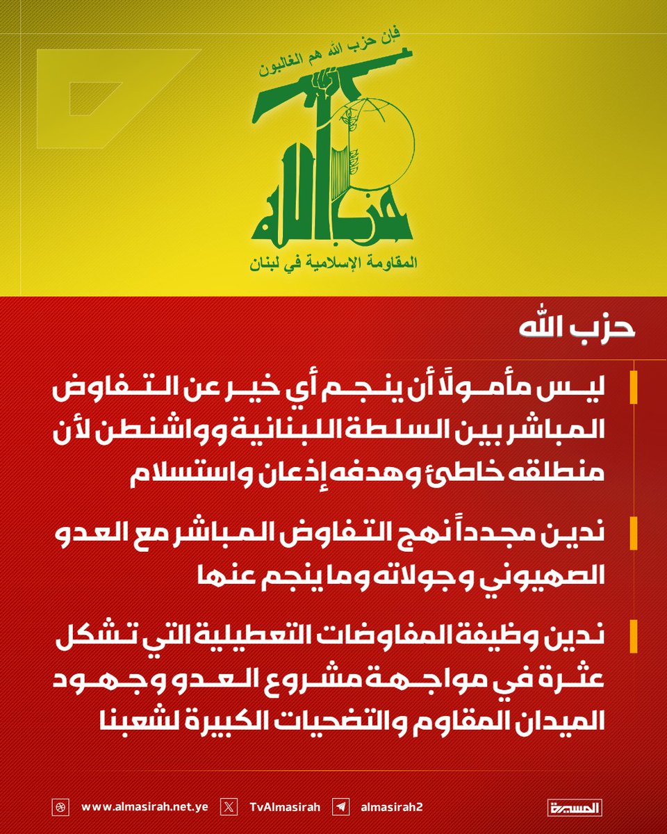 TvAlmasirah's tweet photo. 🟥 حزب الله:

♦️ ليس مأمولًا أن ينجم أي خير عن التفاوض المباشر بين السلطة اللبنانية وواشنطن لأن منطلقه خاطئ وهدفه إذعان واستسلام
♦️ ندين مجدداً نهج التفاوض المباشر مع العدو الصهيوني وجولاته وما ينجم عنها
♦️ ندين وظيفة المفاوضات التعطيلية التي تشكل عثرة في مواجهة مشروع العدو وجهود الميدان المقاوم والتضحيات الكبيرة لشعبنا
♦️ نعتبر أن مواصلة الحضور في جلسات التفاوض المباشر هو تنفيذ لأمر اليوم الذي تُصدره الإدارة الأمريكية للسلطة اللبنانية التي تُلبّي متفردة بقرارها وبمعزل مخالفة للميثاق والدستور والقوانين
♦️ السلطة تستجيب لما تعمل له أمريكا و"إسرائيل" في زيادة المخاطر على لبنان واستقراره واستقلاله وسيادته