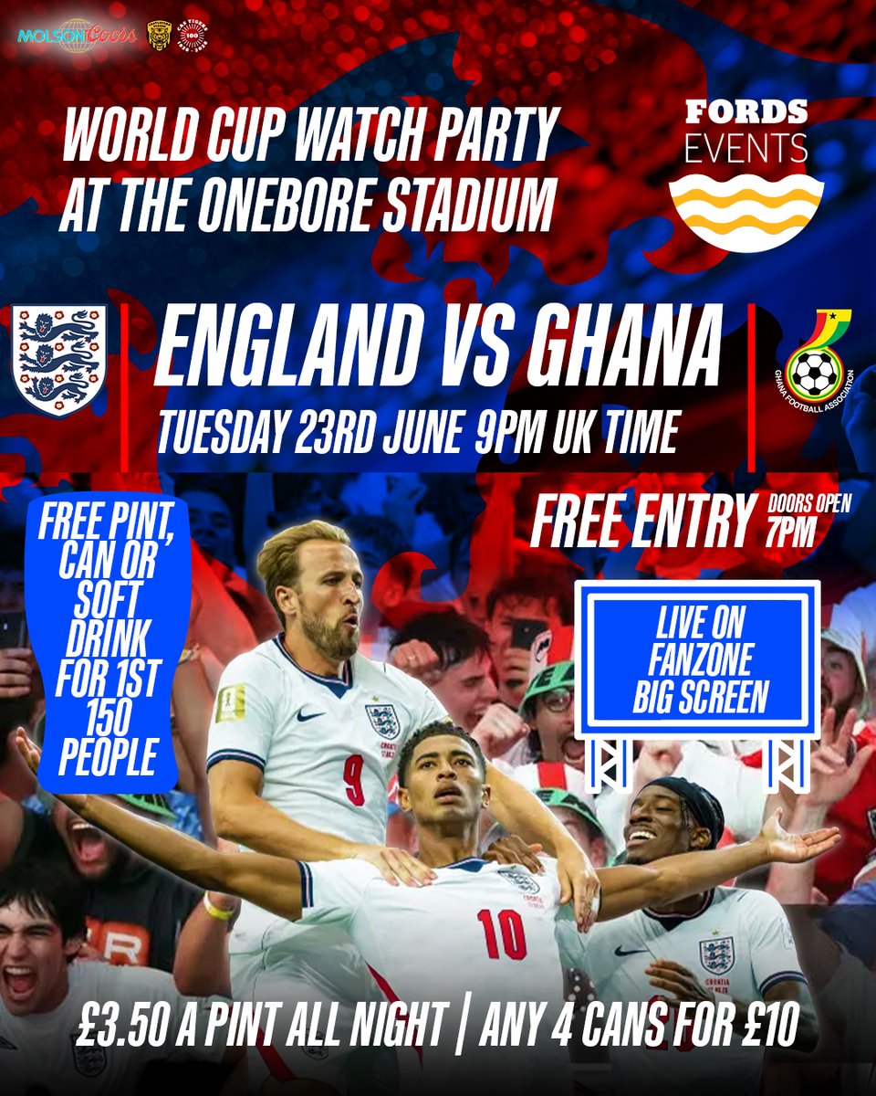 CTRLFC's tweet photo. Join us at The OneBore Stadium this Tuesday 23rd June for England vs Ghana Live on our Fanzone Big Screen. And best of all, ENTRY IS FREE!

But that's not all... the First 150 People through the gates will receive a FREE BEER, CAN OR SOFT DRINK (courtesy of event sponsors Molson Coors)

🤝 FREE ENTRY, 7PM GATES, ALL ARE WELCOME
🍺 FIRST 150 PEOPLE GET FREE PINT OR ANY CAN, SOFT DRINK
🍻 £3.50 A PINT ALL NIGHT
🥫 ANY 4 CANS FOR £10
🍕 PRIMA PIZZA VAN ON SITE
👕 COMPETITION TO WIN A SIGNED SHIRT ON THE NIGHT
🏰 BOUNCY CASTLE
🏉 3G PITCH FOR THE KIDS SO BRING YOUR FOOTBALLS AND RUGBY BALLS

The event is sponsored by Molson Coors, thank you for your support

#COYF #FordsEvents #WorldCup #WatchParty #England #Ghana #Castleford #BigScreen