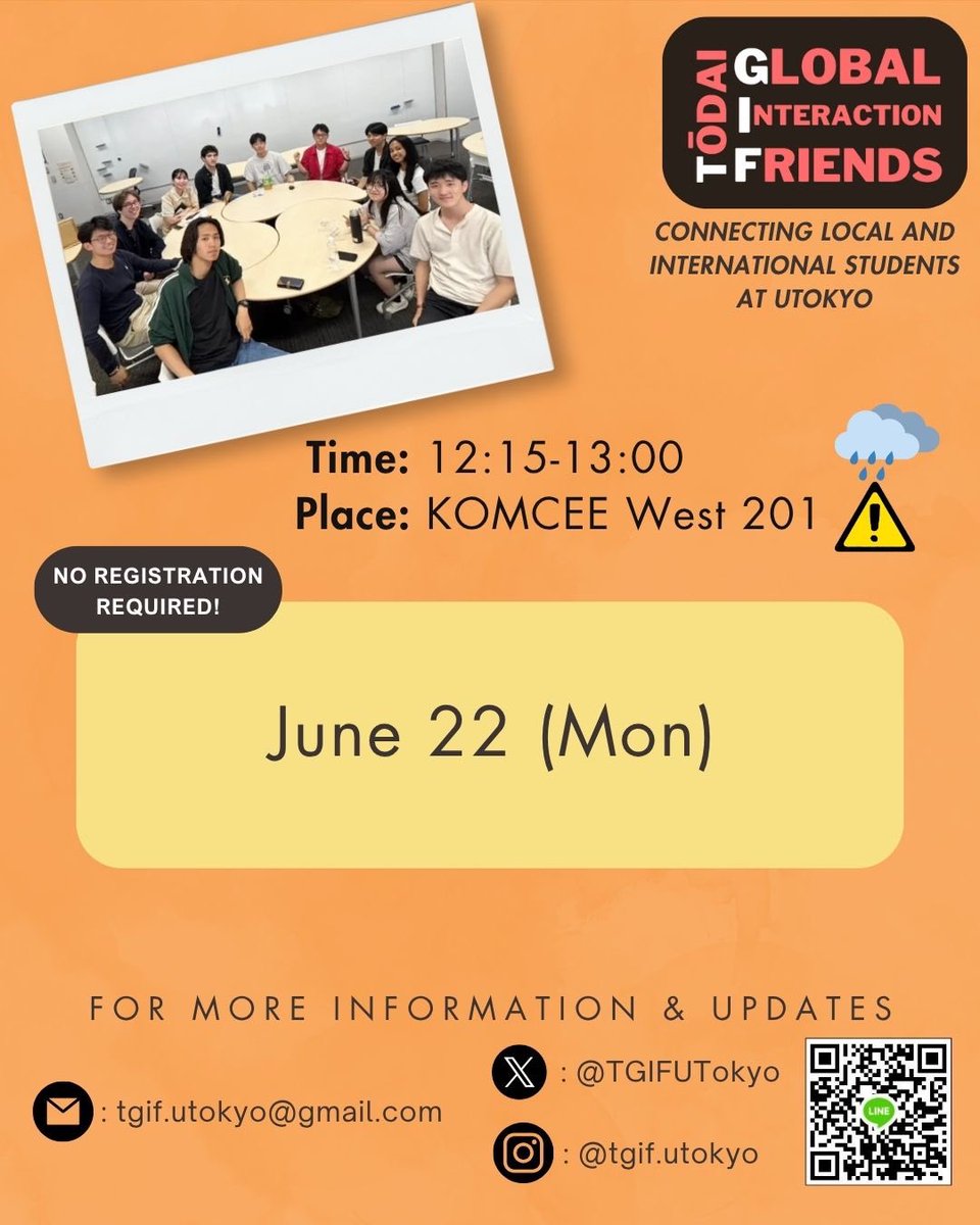 TGIFUTokyo's tweet photo. [PICNIC ANOUNCEMENT / ピクニックのお知らせ 📣]
We'll be having the eleventh Komaba picnic of the semester tomorrow. Due to some forecasts predicting rainy weather, we’ll be having the picnic indoors in KOMCEE West Room 201.
We look forward to seeing you there at lunchtime! https://t.co/3aluUXhm3u