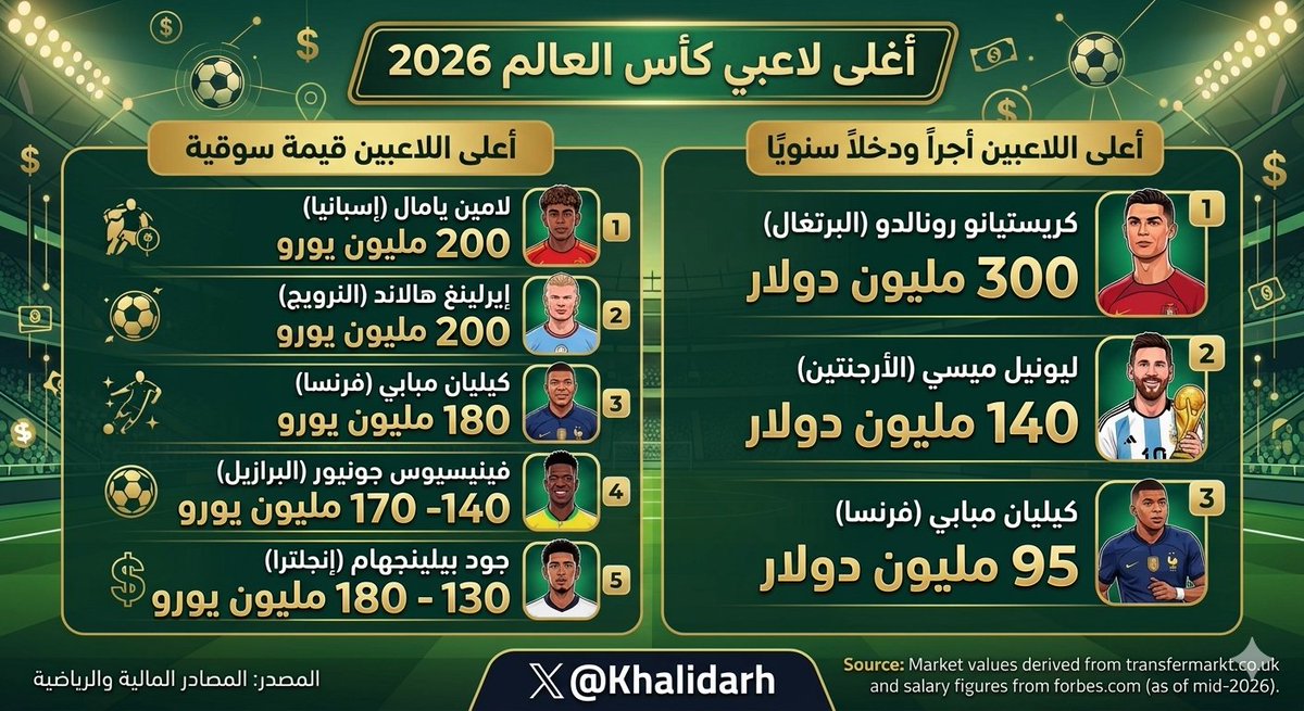 KhalidARH's tweet photo. أغلى لاعب في #كاس_العالم_2026 من حيث القيمة السوقية هو النجم الإسباني الشاب لامين يامال مهاجم نادي #برشلونة. بالتساوي مع المهاجم النرويجي إيرلينغ هالاند نجم #مانشستر_سيتي.
بينما في قائمة اللاعبين الأعلى أجراً ودخلاً سنويا في المونديال يتصدر #كريستيانو_رونالدو 300$ مليون سنوياً. https://t.co/l9eztYzkeu