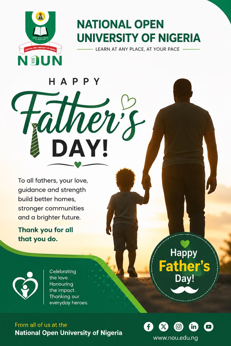 nounofficial_'s tweet photo. Happy Fathers Day from all of us at NOUN!
#fathersday2026 #nounstudents #openuniversity #nigerianuniversities #opendistancelearning https://t.co/iBS7JLVWfD