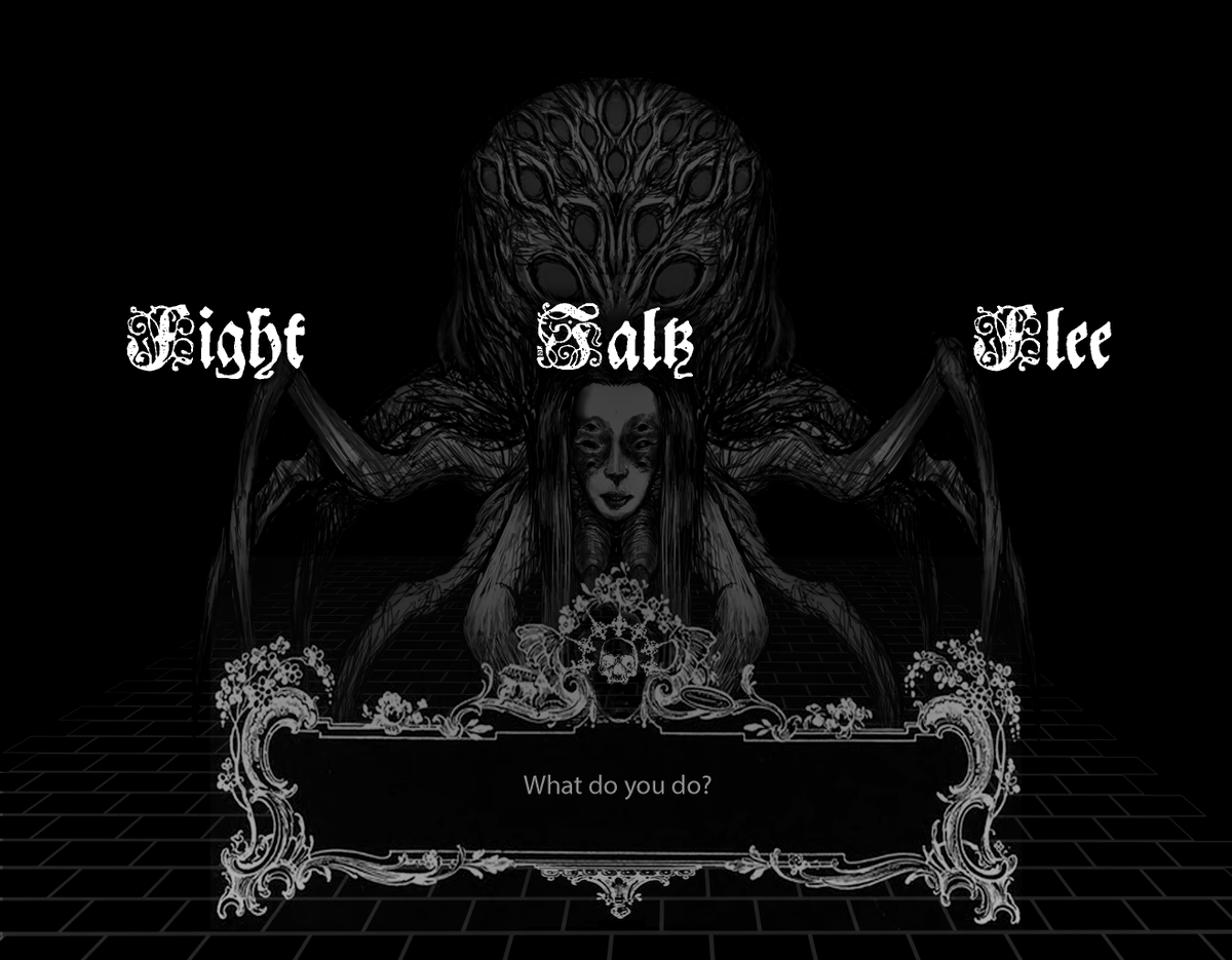 cubic_skull's tweet photo. What do you do? Fight? Talk? Or Flee? #CYOA #GodCorpse 5/??? https://t.co/FBQ1GXndRX