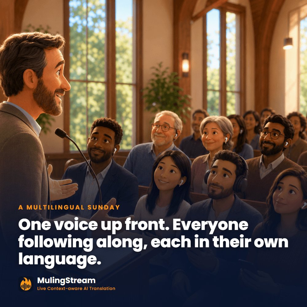 MulingaiCom's tweet photo. One voice up front. The room following in Farsi, Ukrainian, Spanish, Mandarin, all at once, each in their own language.

Same service, same moment, everyone included. That's a normal Sunday with MulingStream.

https://t.co/98YS4p1wOi #ChurchTech #MulingStream https://t.co/4dE9i5cZRA