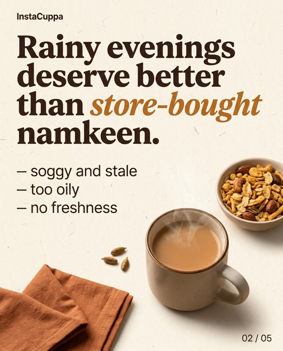 instacuppa's tweet photo. Monsoon chai-time snacks ☔ crispy, cosy, quick

3 to try: onion pakora, masala corn, roasted makhana. Fresh beats packet — pair with hot chai.

Comment SNACKS for the recipes 👇 https://t.co/1PAxR5delr