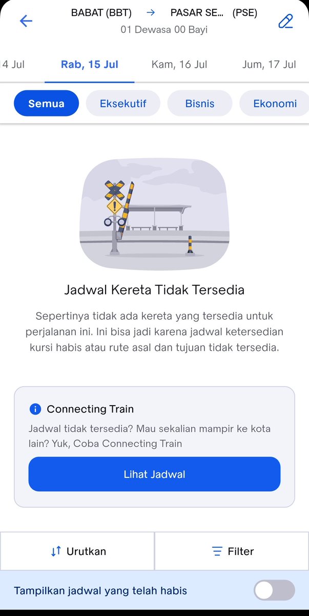 bagus_afghoni's tweet photo. @KAI121 setiap beberapa menit cari2 tiket di aplikasi kai selalu berakhir dengan tampilan menu "Jadwal Kereta Tidak Tersedia". Semua jadwal, semua rute selalu begitu. Padahal di menit2 awal pencarian tiket masih tersedia banyak. Apakah memang ada batasan waktu pencarian ya? https://t.co/1KHawyncgX