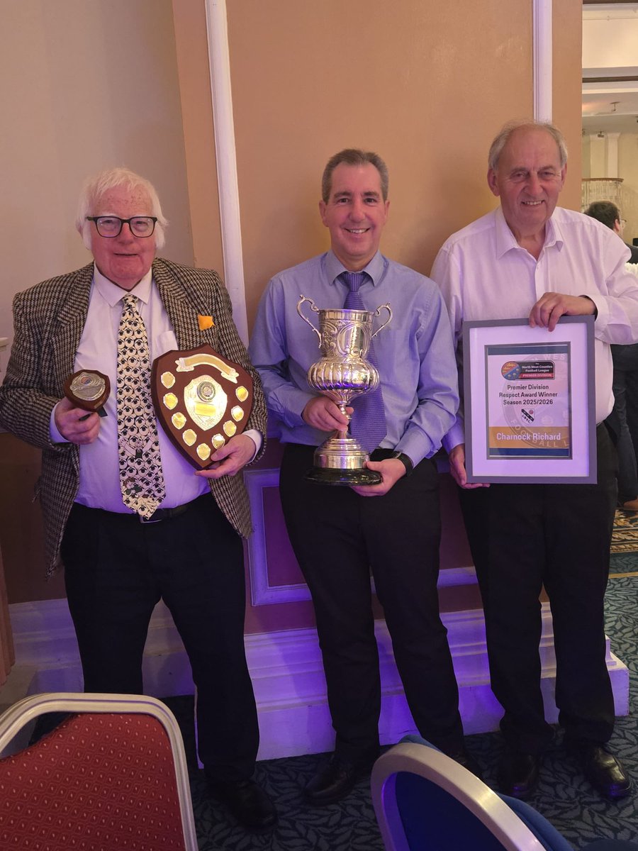 CharnockFC's tweet photo. At the NWCFL Awards Night 2026, we were awarded: 

🏆 Premier Division, Respect Award.
🏆 Premier Division, Programme of the Year.
🏆 NWCFL Reusch Champions Cup Winners.

Thankyou to @nwcfl for hosting a fantastic awards night at the Imperial Hotel, Blackpool. https://t.co/juIuu52qHn