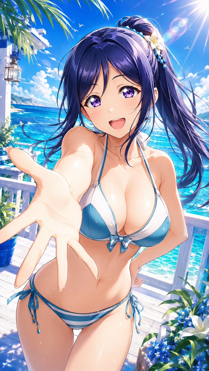 disya226's tweet photo. 【夏色アクアリボン】

「ほら、こっちこっち♪
今日は一緒に、最高の夏にしようよ！」

海風に揺れる髪と、きらめく青い水平線。
果南らしい元気さと、少し甘めな可愛さを詰め込んでみました🌊✨

#松浦果南
#LoveLive
#lovelive_sunshine
#Aqours
#AIイラスト
#AIart
#アニメイラスト
#非公式イラスト