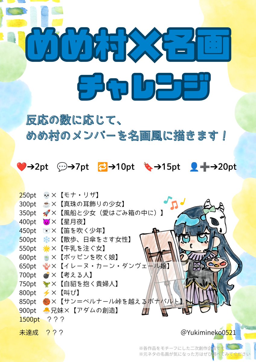 Yukimineko0521's tweet photo. 【めめ村×名画チャレンジ🎨】
目標のフォロワー100人達成記念企画です！ 皆さんの反応に応じて、めめ村のメンバーを名画風に描いていきます✨
📅締め切り：〜7月6日（月）
👥フォロワー：107人（6/22 0:00時点）
画力には期待しないでください……！よければ反応お願いします！😊
#mmmr名画化　#めめ村 https://t.co/bTc7M41fc8