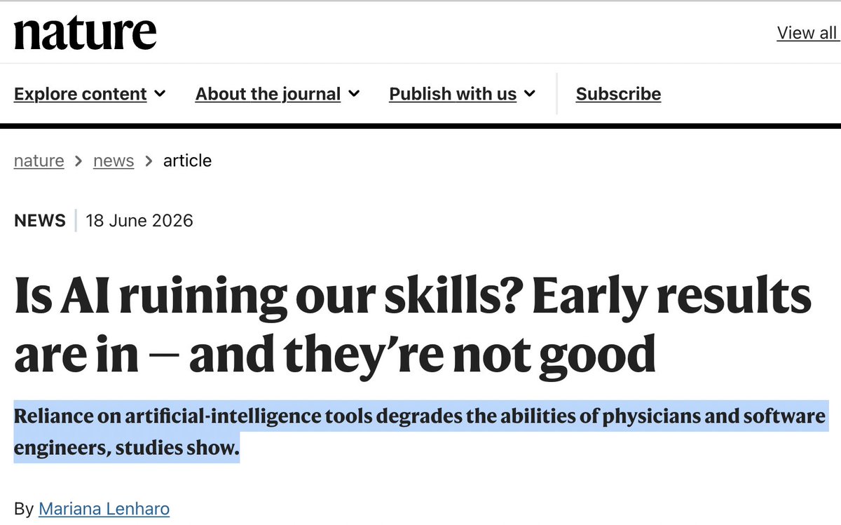 slavov_n's tweet photo. Studies suggests that reliance on AI tools degrades the abilities of physicians and software engineers:

The physicians, who had all performed at least 2,000 colonoscopies during their careers, were given access to an AI system that analyses colonoscopy images in real time and flags a type of precancerous intestinal lesion called an adenoma. The tool was available to the specialists on some days but not on others.

Once physicians began using it, their performance dropped significantly whenever the system was unavailable.