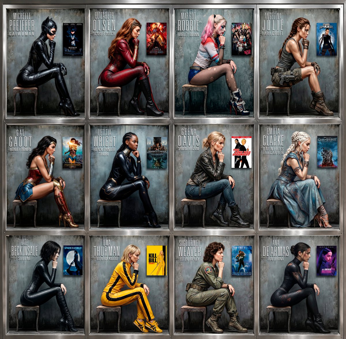 AtxKeen's tweet photo. Badass female characters. #wonderwoman #catwoman #blackpanter #harleyquinn #daenerystargaryen #ballerina #laracroft #killbill #alien https://t.co/1gNxJlLu6C